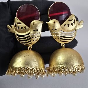 Gold Bird Garnet Red Earrings